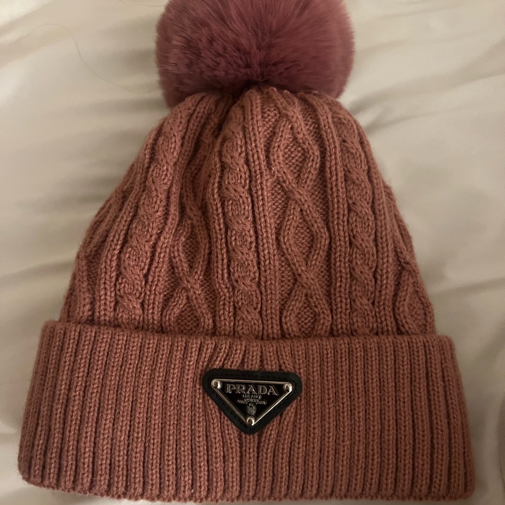 Prada Dusty Rose Cable Knit Beanie with Pom Pom